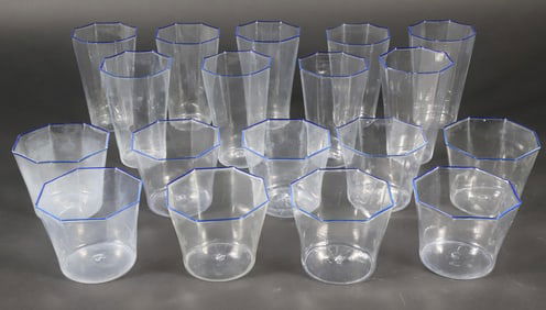 Set of 19 Venini Murano Glass Octagonal Drinking Glasses with Blue Rim
