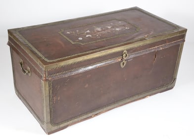 Chinese Export Leather Brass Bound Camphor Trunk, 19th Century