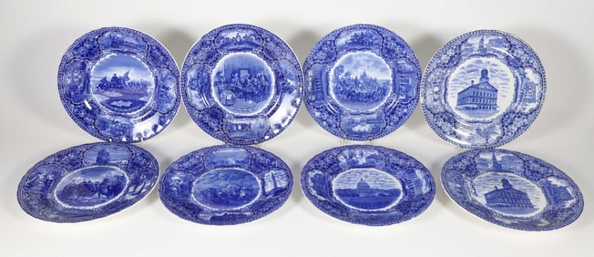 Set of Eight Historic Staffordshire Blue and White Plates