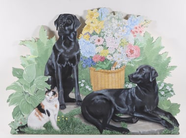 Bruce F. Dilts Fireplace Screen, Acrylic on Wood, "Lightship Basket with Labs", circa 1984