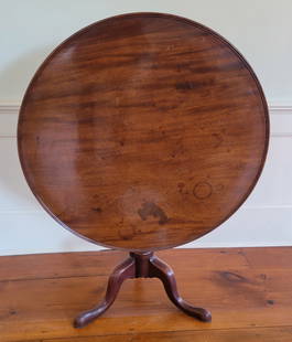 Georgian Mahogany Tilt Top Tripod Tea Table, late 18th Century: Georgian Mahogany Tilt Top Tripod Tea Table, late 18th Century, turned baluster standard on three down-swept legs ending in pad feet Height 28 in. Diameter 32 in. Provenance: Collection of Susan Akers