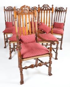 Set of 6 Wallace Nutting William and Mary Style Bannister Back Rush Seat Dining Chairs