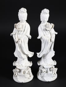 Pair of Vintage Chinese Blanc de Chine Porcelain Guan Yin