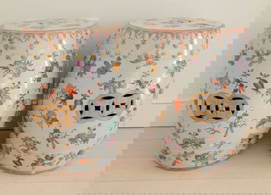 Pair of Porcelain Pomegranate Decorated Garden Stools