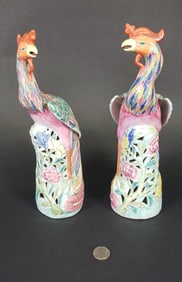 Pair of Chinese Export Style Famille Rose Figural Phoenix Birds, 20th century