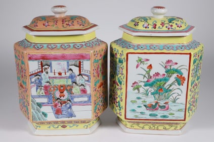 Pair of Contemporary Chinese Hexagonal Covered Jars