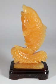 Chinese Carved Yellow Onyx or Jade Gold Fish on Stand