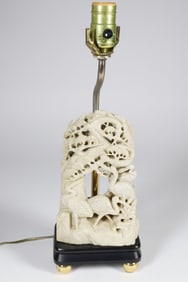 Chinese Soapstone Carved Birds and Foliage Sculpture Mounted as a Lamp