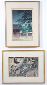 Two Japanese Woodblock Prints "Kawase Hasui Spring Rain at the Gokoku Temple" and "Fighting