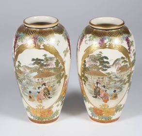 Pair of Japanese Satsuma Vases with Figural Landscape Decorations