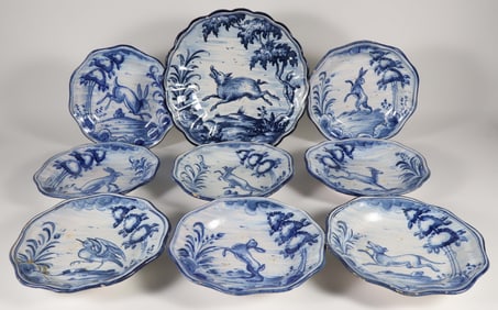 Vintage Portuguese Talavera Faience Blue Decorated Pottery Bowls and Platter