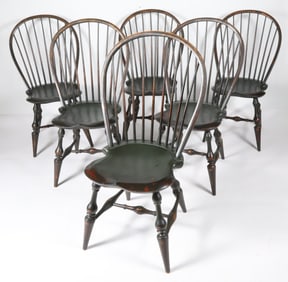 Set of Six Signed D.R. Dimes Bow-Back Windsor Side Chairs in Black Finish