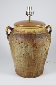 Antique Earthenware Double Loop Handle Crock Mounted as a Lamp