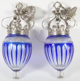 Pair of Cobalt Blue Cut To Clear Glass Light Fixtures