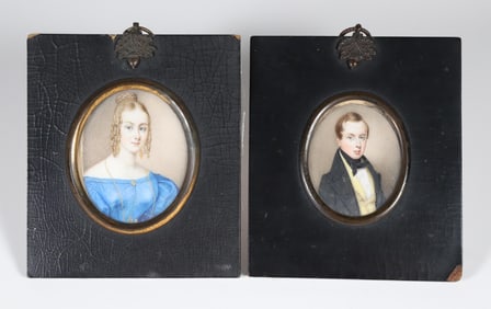 Pair of Miniature Watercolor Portraits of John and Sarah Hearne Coumbe, circa 1830