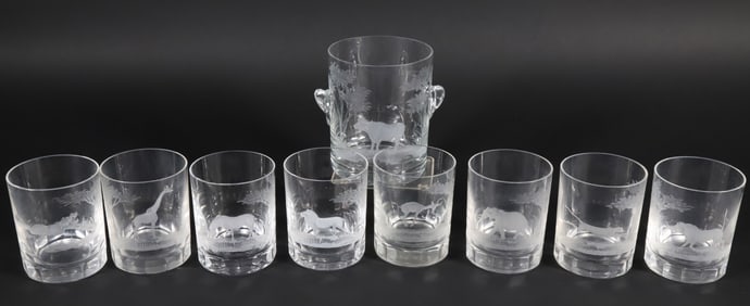 Set of Eight Vintage Safari Animal Engraved Old Fashion Glasses and Ice Bucket