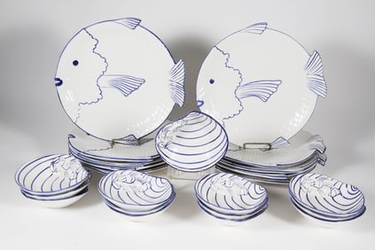 Italian Ceramic Blue and White Fish-Form Dinner Plates and Clamshell Bowls