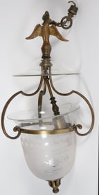 Classical Brass and Etched Glass Hanging Light Fixture with Eagle Finial