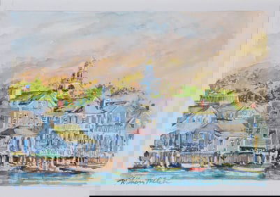 William Welch Miniature Watercolor on Paper "Old North Wharf"