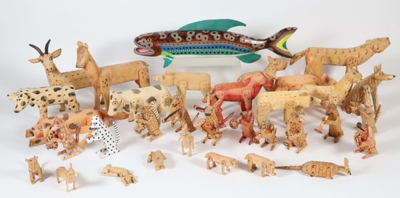 Collection of Thirty-Four Carved Wood Folk Art Animals by Kentucky Artist Jim Lewis