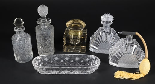 Group of Six Antique Cut Crystal Vanity Pieces