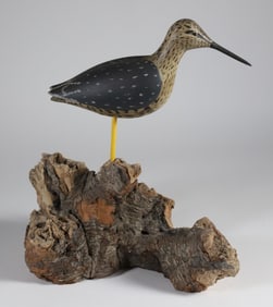Vintage Carved and Painted Yellow Leg Shorebird Decoy on Driftwood Base