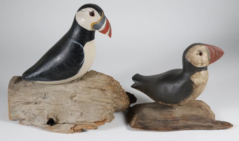 Two R. Monk Polychromed Wood Sculptures of Puffins