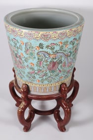 Chinese Floral and Foo Dragon Decorated Porcelain Planter on Teakwood Stand