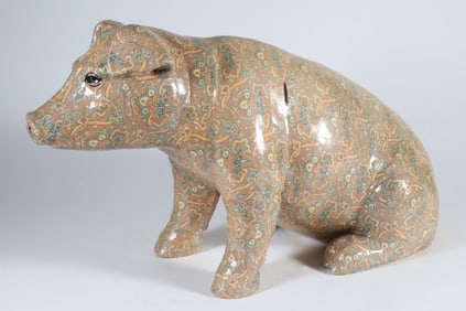 Large Hand Painted Floral Decorated Ceramic Piggy Bank, Signed Janice
