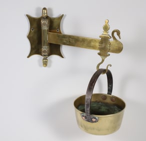 Brass Range Crane with Decorative Cut Swan Silhouette and Accompanying Pot with Iron Handle