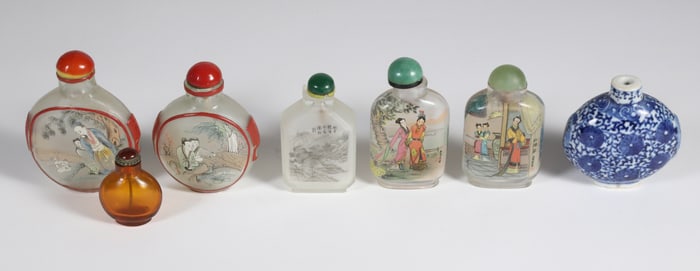 Collection of Seven Vintage Asian Glass and Porcelain Snuff Bottles