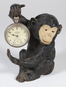 Antique Pot Metal Chimpanzee Pocket Watch Holder with Ingersoll Crown Pocket Watch
