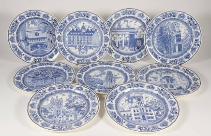 Nine Wedgwood Yale University Blue and White Transferware Dinner Plates, circa 1931