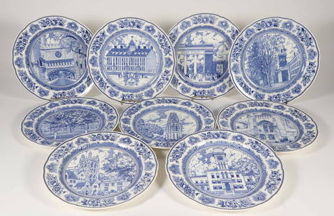 Nine Wedgwood Yale University Blue and White Transferware Dinner Plates, circa 1931: Nine Wedgwood Yale University Blue and White Transferware Dinner Plates, circa 1931, depicting various Yale Campus Historic buildings including: Sheffield Hall 1859-1931, Yale 1931 Pat.No. 83219 ECT.D