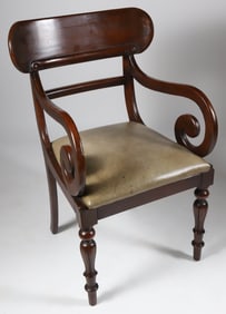 American Empire Mahogany Leather Seat Open Armchair, 19th Century