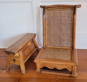 Chinese Elm Child's Low Chair and Mini Two Drawer Cricket Side Table