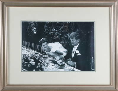 Photograph: "John F. Kennedy and Jacqueline Bouvier Kennedy Wedding Reception" Together with Four: Photograph: "John F. Kennedy and Jacqueline Bouvier Kennedy Wedding Reception", Jackie being seated next to JFK at the reception, accompanied with the original four gilt painted wood chairs with cane