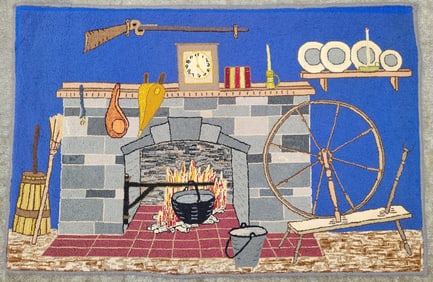 Vintage American Folk Art “The Old Time Fireplace Hearth” Hooked Rug