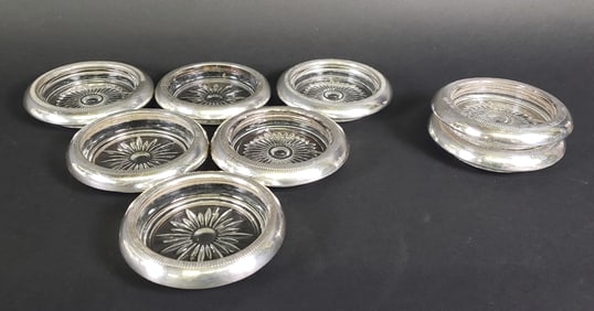 Set of Eight Sterling Silver and Cut Crystal Coasters