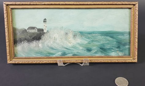 Antique Oil on Board, “Coastal Lighthouse”, American Folk Art Painting