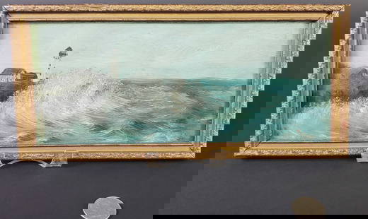 Antique Oil on Board, “Coastal Lighthouse”, American Folk Art Painting: Antique Oil on Board, “Coastal Lighthouse”, American Folk Art Painting, signed lower right, “EJ Parent” Overall 5 in. X 10.75 in.