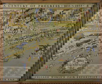 Vintage Tony Sarg Birds Eye View Pictorial Chicago Worlds Fair Chromolithograph Map, circa 1933