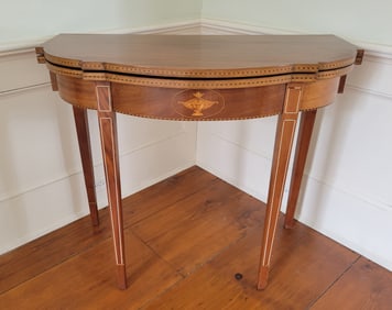 Mahogany Demilune Multi-Wood Inlaid Card Table, 19th Century