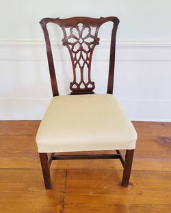 Chippendale Carved Mahogany Upholstered Seat Side Chair, 19th Century: Chippendale Carved Mahogany Upholstered Seat Side Chair, early 19th Century, with elaborately carved back rest Height 39 in. Width 22 in. Depth 21 in. Provenance: Collection of Susan Akers, 7 Pleasant