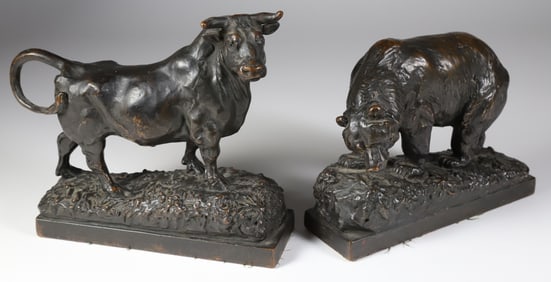 Pair Paul Herzel "Bear and Bull" Bookends, circa 1922