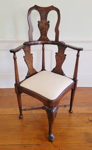 Queen Anne Mahogany and Burr-Walnut High-Back Corner Chair, 18th Century: Queen Anne Mahogany and Burr-Walnut High-Back Corner Chair, 18th Century,with slip seat, legs ending in pad feet, cross stretcher Height 46 in. Width 17 in. Depth 25 in. Seat Height 18 in. Provenance: