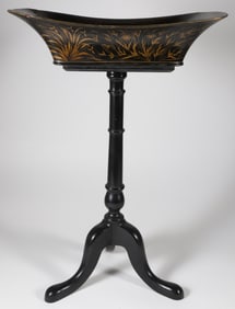 Antique Chinoiserie Black and Gilt Lacquer Tray on Later Stand
