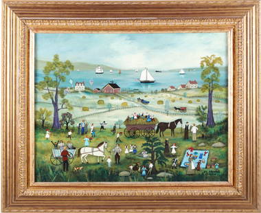 Jan L. Munro Oil on Board "Nantucket Hayride", circa 2006: Jan L. Munro (American 20th Century Folk Artist) Oil on Board "Nantucket Hayride", circa 2006, signed lower right JL Munro, 2006, in molded gilt frame Framed 22 in. x 28 in. Jan L. Munro is an America