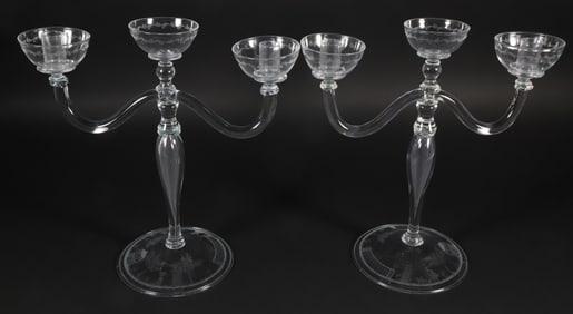 Pair of Two-Light Landscape Engraved Clear Glass Candelabra, 19th Century