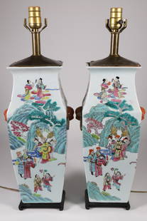 Pair of Antique Chinese Famille Verte Vases Mounted as Lamps: Pair of Antique Chinese Famille Verte Vases Mounted as Lamps, hand painted with figures in a landscape setting, applied foo dog heads Height 17 in. Provenance: The Collection of Susan Akers, 7 Pleasan
